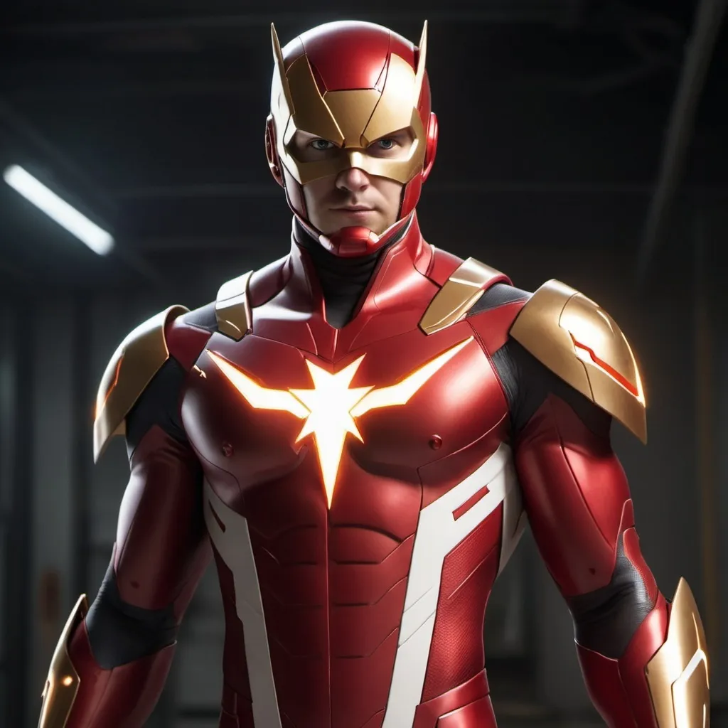 Prompt: A super suit that is red and white and gold with a glowing red and white and gold thunderbolt on the chest 