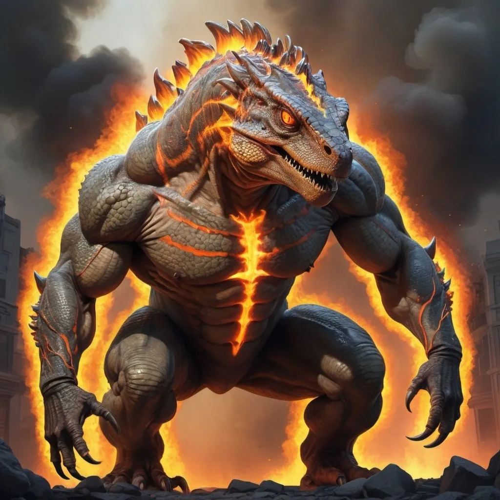 Prompt: A giant muscular humanoid lizard that is covered in fire and smoke and has fire veins throughout its body and glowing orange eyes
