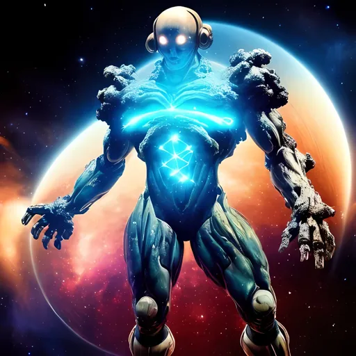 Prompt: a full body  godly titan made out of space dust, stars and planets in a cool pose.







