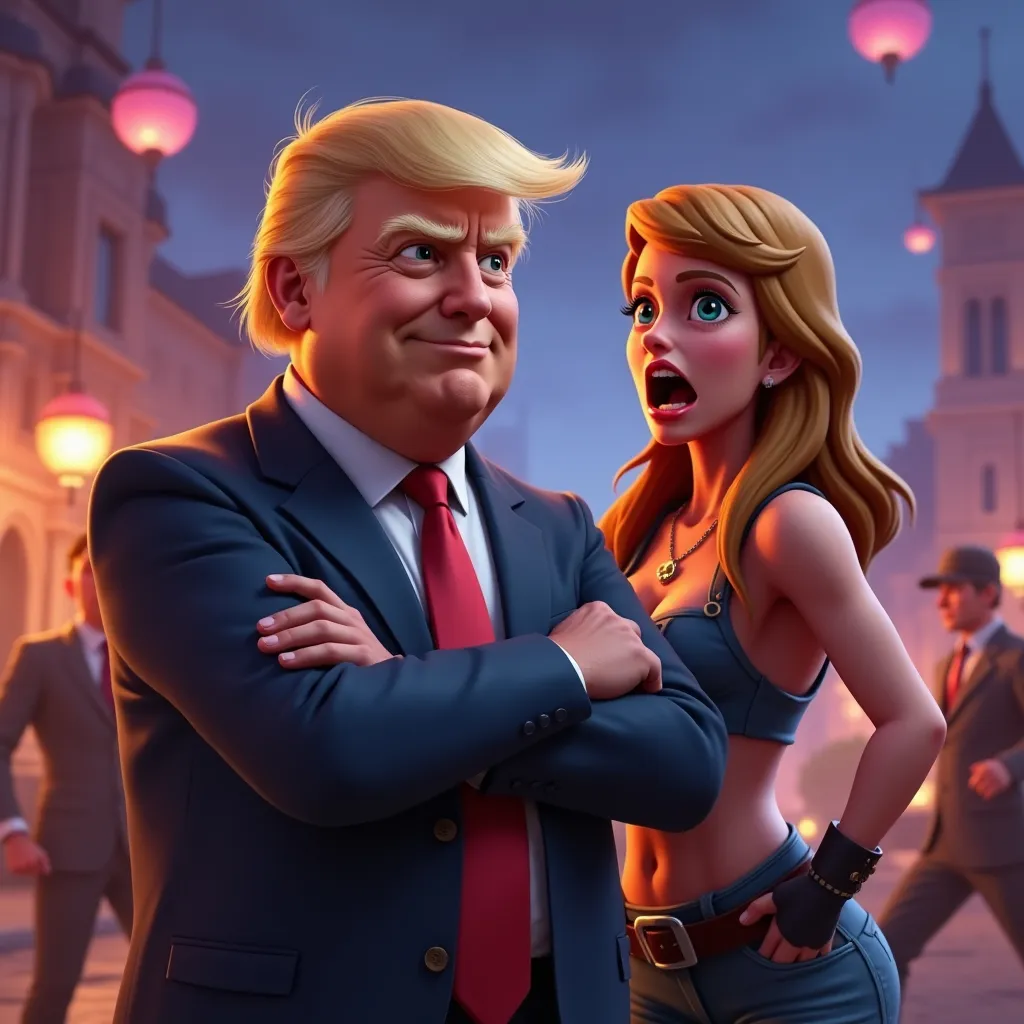 Prompt: peter griffin playing fortnite with trump and meg is in the backround screaming for someone to save her