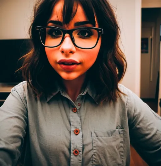 Prompt: Cute picture of a woman standing in her Living Room with an oversized button up shirt on