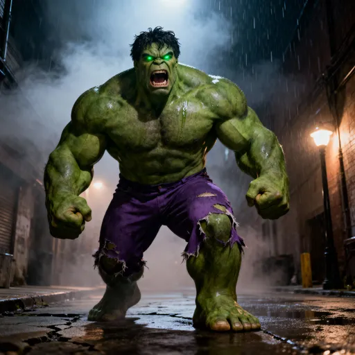 Prompt: “A massive, green-skinned man with the physique of a professional bodybuilder, bare-chested and wearing torn purple pants, standing in a smoky alley at dusk. His skin tone is deep forest green with realistic muscle sheen and sweat reflections. Black tousled hair, angry facial expression, glowing green eyes full of rage. The environment looks gritty and cinematic — cracked concrete, flickering streetlights, and light rain falling around him. Lighting from below gives a dramatic, old-school movie effect reminiscent of the 1970s Incredible Hulk series. Camera angle: low, wide 35mm lens, slow cinematic pan upward from feet to face. Depth of field: medium, focus on face as he roars. Visual tone: film-grain texture, natural color grading, atmospheric haze.”