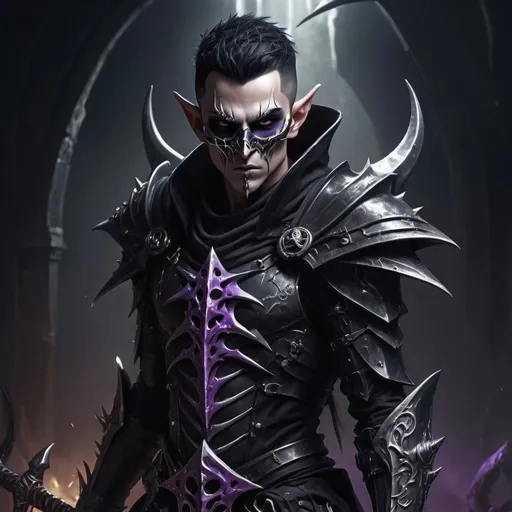 Prompt: Shadar Kai elf in blackened metal armor, spiked short black hair, one eye is silver and one eye is black with no pupil, black and purple mask covering his mouth and nose, large reaper scythe across the back, highres, detailed, dark fantasy, cool tones, atmospheric lighting, menacing presence