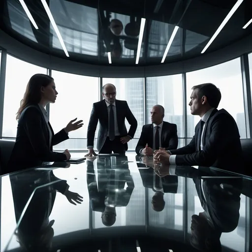 Prompt: Managers around a meeting table, (tense negotiation), arguing with an agent in a (transparent glass room), (high-stakes atmosphere), intricate expressions of frustration and determination, (modern corporate environment), ambient lighting casting dramatic shadows, ultra-detailed, (dynamic scene), reflections illuminating the glass surfaces, atmosphere filled with intensity and urgency, (4K resolution).