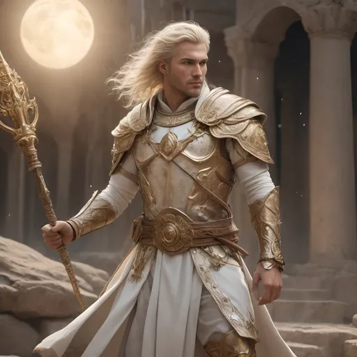 Prompt: Highly detailed 4k fantasy illustration of a lunar and solar casting magic male medieval mercenary, holding a whip and spear, gold and white stylish clothes, sun and moon temple 4k background realistic, cold and warm colours, magical glowing effects, intricate detailing, majestic pose, radiant energy, professional illustration, fantasy, magical, white and gold clothes, moon and sun, highly detailed, cold and warm tones, magical casting effects, intricate design, majestic pose, professional, radiant energy, white and blonde hair.
