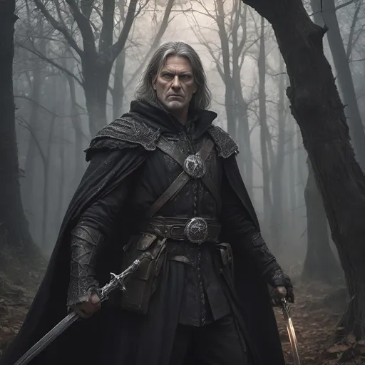 Prompt: Highly detailed fantasy illustration of a male middle aged witch hunter with a silver sword, medieval attire in black garments and cloak, silver studs, intricate engraving, intense and determined expression, atmospheric lighting, detailed armor, mystical forest setting, best quality, highres, ultra-detailed, fantasy, medieval, witch hunter, detailed attire, intricate design, intense expression, atmospheric lighting