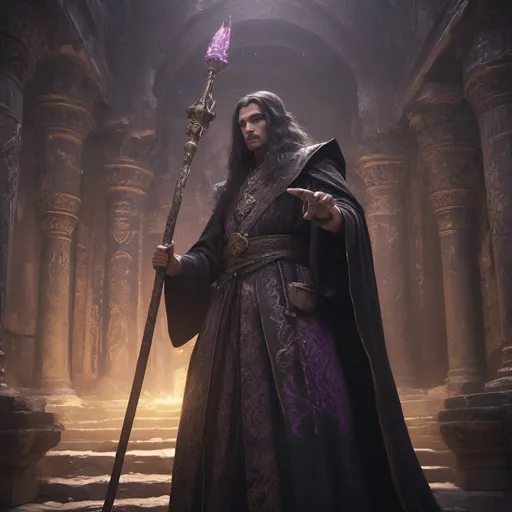 Prompt: Highly detailed sorcerer holding a staff, elegant black robes with purple patterns, black long hair, young, castle palace, intricate magical engravings, ancient artifacts, mountain, golden sunlight, mystical atmosphere, 4k, ultra-detailed, fantasy, ancient, aged, detailed face, flowing robes, professional, cold lighting