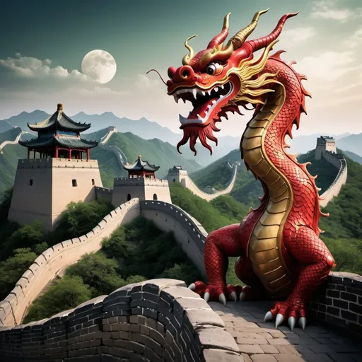 Prompt: Create a majestic and harmonious scene showcasing a traditional Chinese dragon alongside the Great Wall of China. The dragon should embody the quintessential characteristics of Chinese mythology, with a sinuous body, long whiskers, and elegant, flowing movements. Its scales should shimmer in shades of red, gold, and green, symbolizing prosperity and good fortune. The dragon should exude a sense of wisdom and benevolence, with gentle eyes and a serene expression. The Great Wall should stand proudly against a backdrop of misty mountains, adorned with vibrant banners and lanterns. The sky above should be clear, with a radiant full moon casting a soft, ethereal light over the scene. The overall atmosphere should be one of reverence and reverence, capturing the timeless beauty and cultural significance of Chinese folklore.