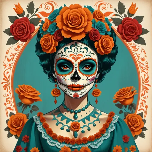 Prompt: A vintage 1960s-inspired illustration of La Catrina, depicted with a retro advertising style. She wears a traditional Mexican dress in teal and orange, adorned with intricate floral patterns. Her face is painted with classic sugar skull makeup, including red and black decorative accents around her eyes and mouth. A crown of roses and marigolds in warm reds, oranges, and blues sits atop her head, adding a vibrant touch. She holds her skeletal hands crossed in front of her, creating a solemn yet captivating look. The background features muted, faded tones, as if from an old, slightly worn-out poster. The entire scene should feel like a vintage ad, with subtle wear, slight grain, and a touch of sepia, capturing the nostalgic essence of 1960s Mexican culture and Dia de los Muertos celebration. Typography in the style of retro Mexican advertisements can be added subtly to enhance the vintage aesthetic. image bust be without background