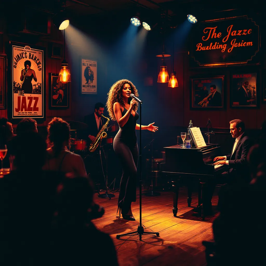 Prompt:  jazz bar, female singer, stage spotlights, music performers