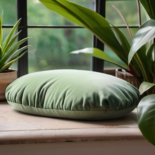 Prompt: velvet oval meditation cushion with one seam with piping and no product tag plants and a window in the background

