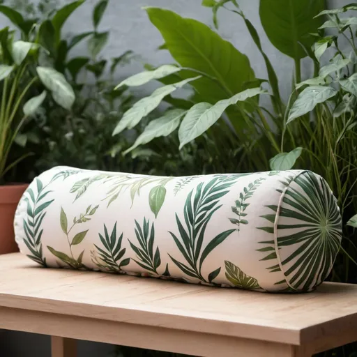 Prompt: bolster cushion product photograph with plants in the background
