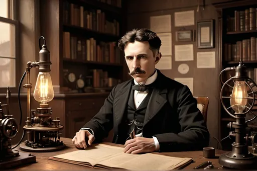 Prompt: nicola tesla sitting in his labatory