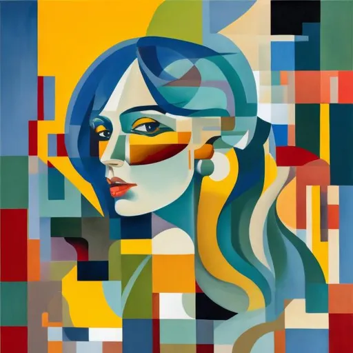 Prompt: A painting  of a woman with long hair, with a  background showing different shades of blue,  the woman has yellow, white, red and green design on her, cubo futurisme, triadic colour scheme, a cubist painting in oil clours 