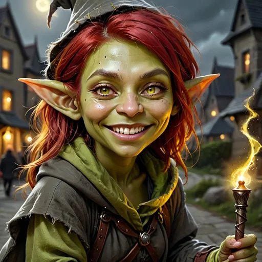 Prompt: digital painting, realistic, female goblin wizard, grayish skin, red hair, yellow-green eyes, smiling, holding a wand, outdoors at night, dressed in ragged clothes