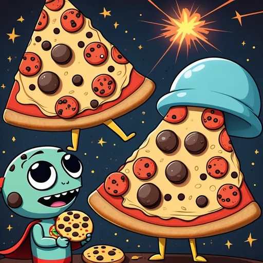 Prompt: the adventures of cookie AND pizza. two friends with superpowers who fight aliens. cookie is chocolate chip and pizza is a slice of pepperoni with electricity powers