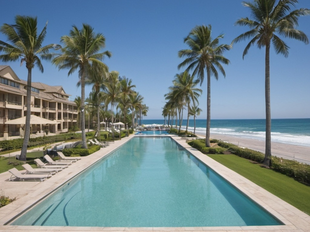 Prompt: A picture of a beautiful pool at a large modern beach resort with palm trees and the ocean in the background