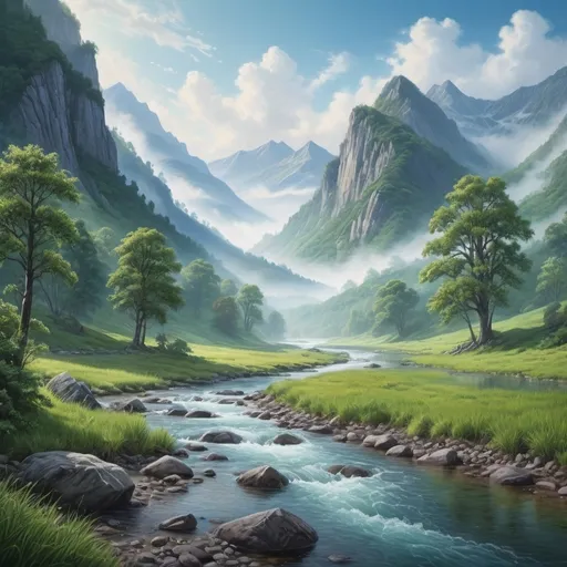 Prompt: (realistic landscape), photorealistic, (cool color scheme), serene mountain scenery, lush green valleys, misty river glistening in soft light, vibrant blue sky, intricate details in nature, tranquil ambiance, ultra-detailed, cinematic depth, harmonious composition, capturing the beauty of wilderness, inviting atmosphere.