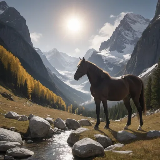 Prompt: a large black carnivorous female horse  walks out of a pond in a mountain valley. she has sharp teeth. her mane is wet and curly. the horse has yellow slitted eyes. above, the light of the moon falls upon the horse. a lump of raw gold lies in front of the horse on the ground. pointy mountains lie far off in the distance behind the horse.