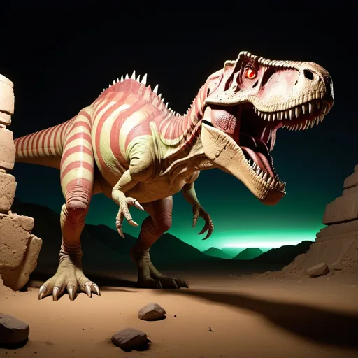 Prompt: ]A red tan colored brown-striped female tyrannosaurus dinosaur steps out of a broken Egyptian tomb into a desert in the night, looking towards the viewer. It has glowing green eyes, with many irregular sharp teeth lining her jaws. there are tatters of white cloth hanging around her. she has longer arms than normal. It is dark outside, with greenish light behind her. runes cover the dinosaur's body. a broken sarcophagus lays distantly behind the dinosaur.