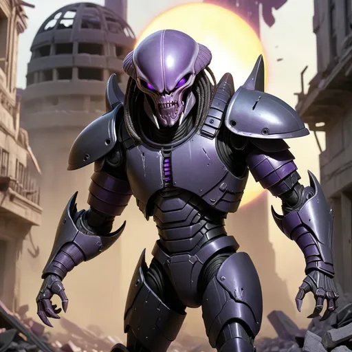 Prompt: an Ancient Black armored individual with light purple skin and a long cone-head is walking into the picture. a ruined city is all around him, rubble piled to the right. Instead of hands, circular silver-colored metal sawblades take the place, hanging loosely by muscular armored arms with purple metal coils wrapped around the arm and entering the middle of the chest plate. Just behind him, a wrecked silver circular spaceship lays ruined and stuck in a building, blotting out the sun. The head of the armored individual loosely resembles that ot the xenomorph, without the inner jaw. no tail. not purple armor. the circular spaceship is stuck in a building, cutting it halfway. 