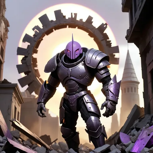 Prompt: an Ancient Black armored individual with light purple skin and a cone-head is walking into the picture. a ruined city is all around him, rubble piled to the right. Instead of hands, circular silver-colored metal sawblades take the place, hanging loosely by muscular armored arms with purple metal coils wrapped around the arm and entering the middle of the chest plate. Just behind him, a wrecked silver circular spaceship lays ruined and stuck in a building, blotting out the sun.