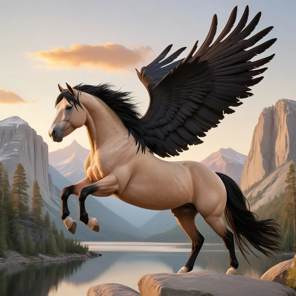 Prompt: a nougat-colored buckskin horse with black feathered wings flies high in the sky with a stone mountain behind. a sunrise is way off in the distance. the horse has black hooves, and black feathers in his mane. the horse is majestic. a lake is below him.