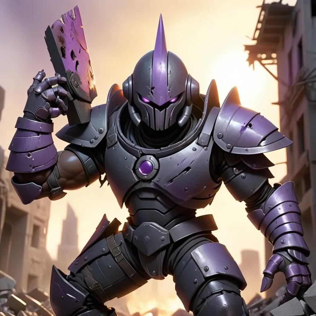 Prompt: an Ancient Black armored individual with light purple skin and a cone-head is walking into the picture. a ruined city is all around him, rubble piled to the right. Instead of hands, circular silver-colored metal sawblades take the place, hanging loosely by muscular armored arms with purple metal coils wrapped around the arm and entering the middle of the chest plate. Just behind him, a wrecked silver circular spaceship lays ruined and stuck in a building, blotting out the sun.