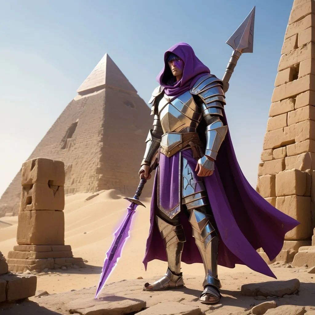 Prompt: A loosely armored individual stands alone in a ancient city before an enormous pyramid.  The individual wears a purple cloak over his shattered silver armor, holding a spear with a blue metal tip in his left hand. In his right hand is a short intricately designed dagger. The individual has 2 heads, fused together deformedly with three eyes. he stands menacingly. he is alone. the pyramid is far away behind him. it is turning night.