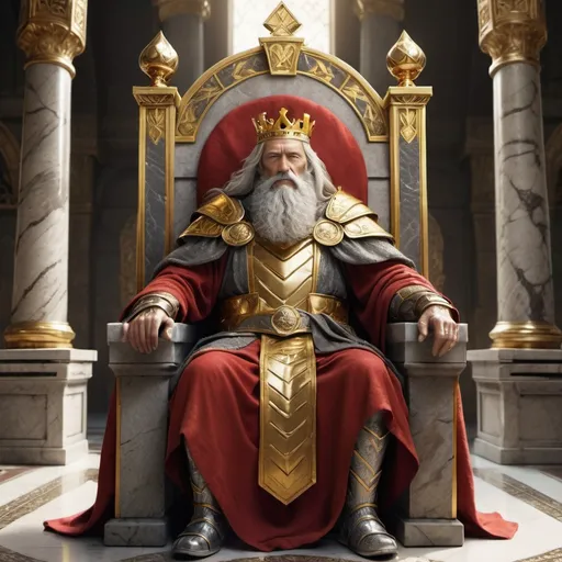 Prompt: An ancient king sits on his throne, in his castle. he has long gray hair, with a beard to match. he wears a golden chest-plate, and holds a golden cup. his robes are golden. Above his head is a golden banner that reads 'MIDAS' in bold, fancy red letters. the throne. the walls are made of multi-colored marble. at his side, stands his queen. his queen wears a golden dress with white pearls. she holds a golden rose. 