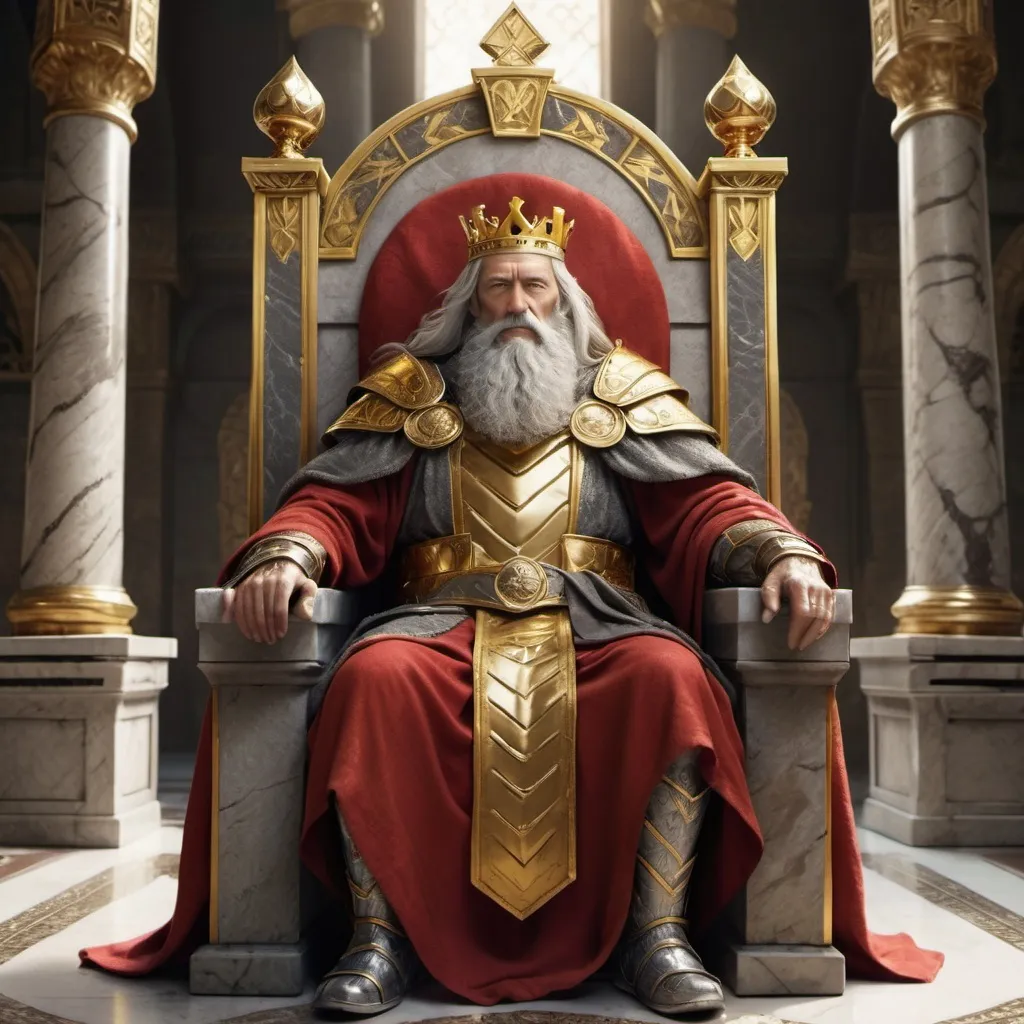 Prompt: An ancient king sits on his throne, in his castle. he has long gray hair, with a beard to match. he wears a golden chest-plate, and holds a golden cup. his robes are golden. Above his head is a golden banner that reads 'MIDAS' in bold, fancy red letters. the throne. the walls are made of multi-colored marble. at his side, stands his queen. his queen wears a golden dress with white pearls. she holds a golden rose. 