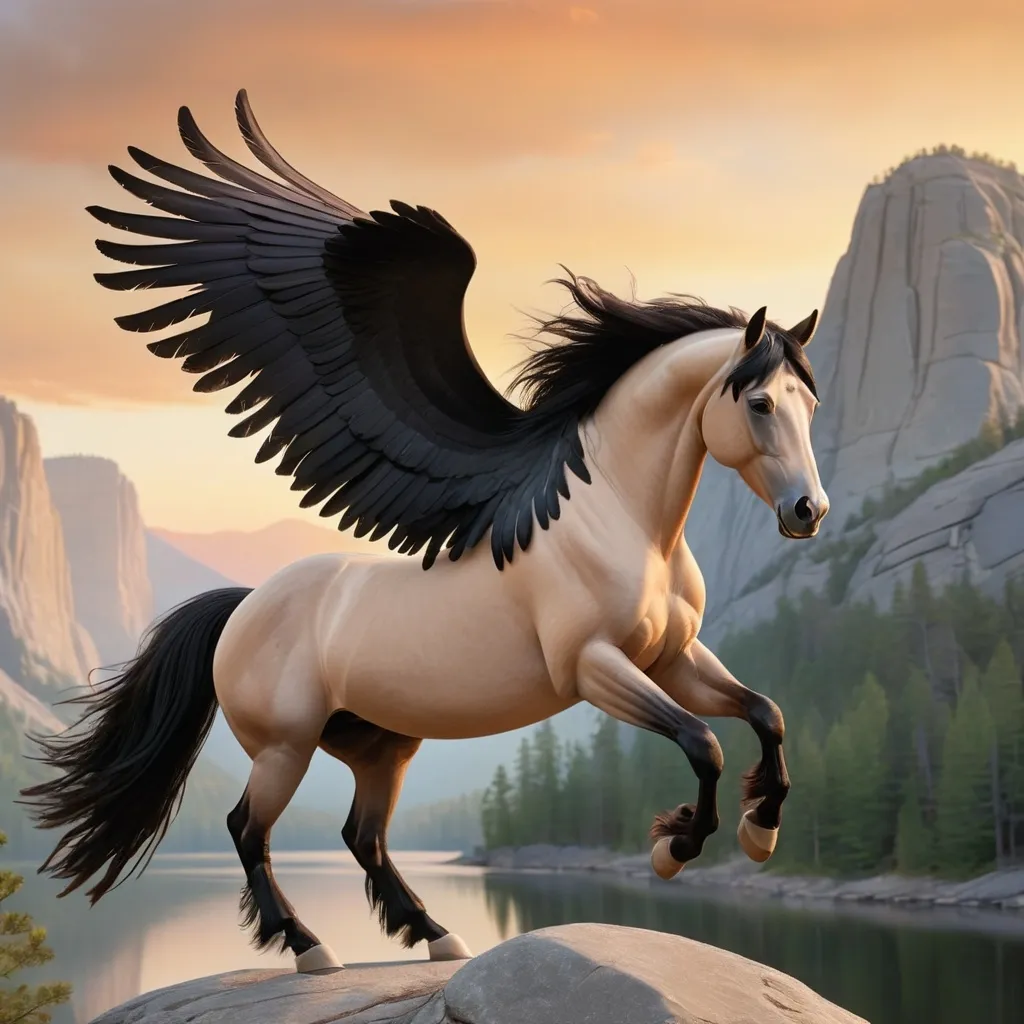 Prompt: a nougat-colored buckskin horse with black feathered wings flies in the air with a stone mountain behind. a sunrise is way off in the distance. the horse has black hooves, and black feathers in his mane. the horse is majestic. a lake is below him.