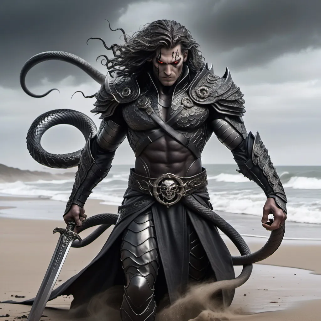 Prompt: A evil angry man wearing dark gray armor steps out of a swirling black portal onto a gray sandy beach near a destroyed city. he has black snakes for hair like medusa. he is muscular, with a long intricate sword in his right hand. a large gash is on his sword arm. he has one blind eye. in his left hand he holds dark swirling magic, crumbling a large rock. his good eye glows with a black power.