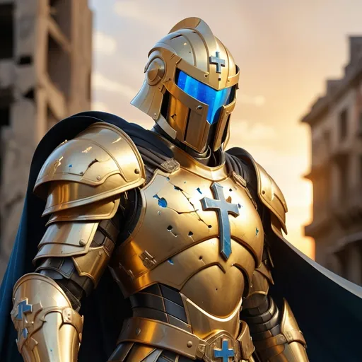 Prompt: Ancient battle-scarred golden armor with a technological feel to it standing before a singular crumbled building, with a black cape billowing in the breeze behind him. He has a cracked blue visor on his helmet, with a golden sword in the right hand. A silver cross is visible on his chest-plate. It is sunset right now. 