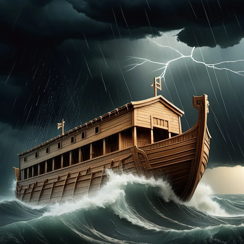 Prompt: Noahs ark in a fierce storm, with a city falling into the sea far away. there is rain. it is night.