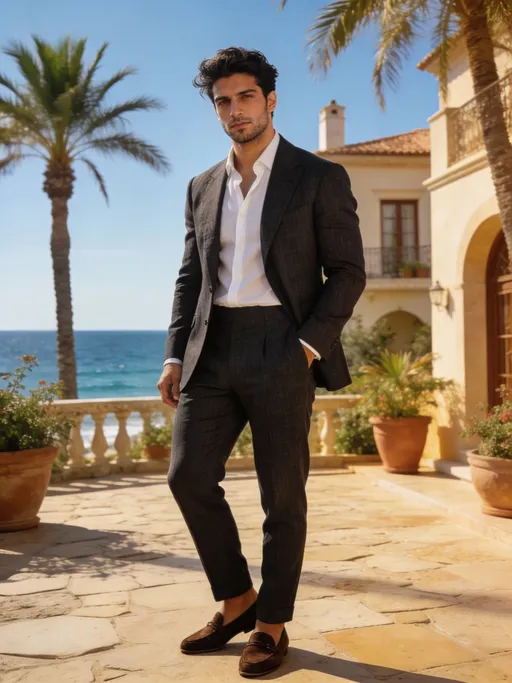 Prompt: full body shot front view of Photorealistic art style Arab / middle eastern look, relaxed but shows a slightly fit build, old money look and has a 5 o’clock shadow , looks like he’s in his late 20s, make him look a bit white / Caucasian also but more to the Arab side face to viewer, background is a suitable beautiful scene