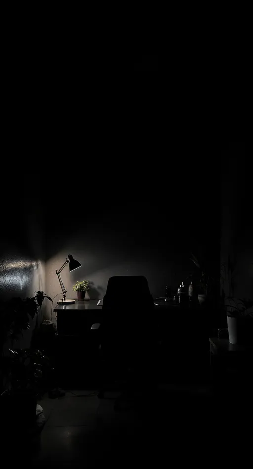 Prompt: Big room with dark big walls a computer dark plants and lights