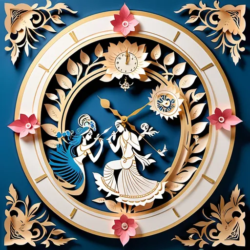 Prompt: Elegant Radha-Krishna Paper Design for the Clock
You can create a stunning decorative paper design by cutting out intricate, detailed images of Radha and Krishna, or symbols like lotus flowers, peacock feathers, and flutes. These designs can be placed around the edges of the clock, leaving the center open for the clock hands to remain visible. You can use a soft watercolor paper as the background to give it a serene feel, blending pastel shades of blue, pink, or gold. For an elegant touch, frame the clock face with a thin golden paper border or create a subtle mandala pattern around the clock's numbers. This way, the clock will maintain its functionality while being beautifully adorned with divine symbols.

