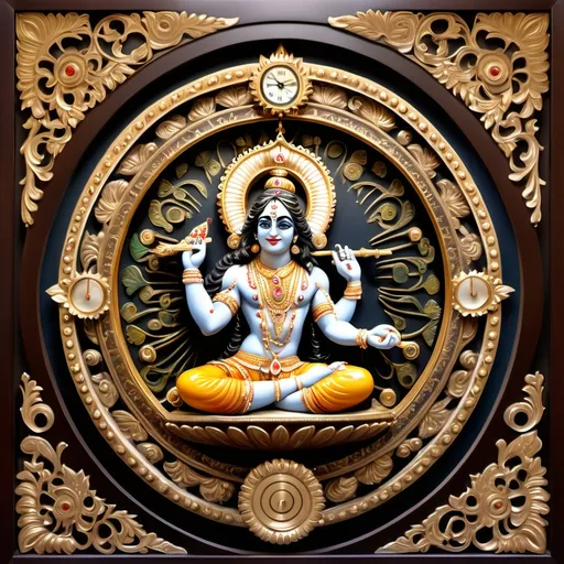 Prompt: "A divine depiction of Radhe Krishna sitting on a jhulna (swing), surrounded by a circular clock face. The clock is intricately designed with mantras written as the background, framed by a small border with golden stripes. Delicate peacock and lotus motifs are interwoven in the design, adding to the sacred ambiance. The clock has a unique shine that illuminates their faces, enhancing the divine aura. Shree Radhe is wearing a blue lehenga with a pink dupatta, accessorized with a band of lotus, pink, and blue flowers. Her arm gently rests on Krishna’s shoulder, while Krishna, playing his flute, is dressed in the same colors as Radhe’s attire, creating a beautiful, harmonious scene of love and devotion."