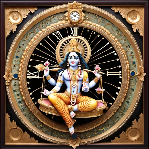 Prompt: "A divine depiction of Radhe Krishna sitting on a jhulna (swing), surrounded by a circular clock face. The clock is intricately designed with mantras written as the background, framed by a small border with golden stripes. Delicate peacock and lotus motifs are interwoven in the design, adding to the sacred ambiance. The clock has a unique shine that illuminates their faces, enhancing the divine aura. Shree Radhe is wearing a blue lehenga with a pink dupatta, accessorized with a band of lotus, pink, and blue flowers. Her arm gently rests on Krishna’s shoulder, while Krishna, playing his flute, is dressed in the same colors as Radhe’s attire, creating a beautiful, harmonious scene of love and devotion."