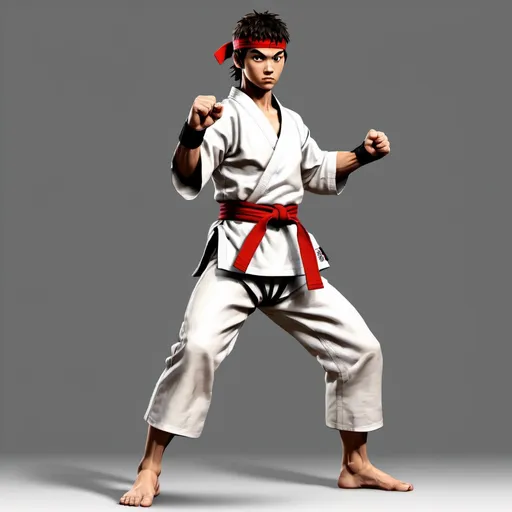 Prompt: CHARACTER MODEL, NO BACKGROUND, 6 FOOT TALL KARATE KID, AGED 18, RYU FROM STREET FIGHTER INSPIRED
