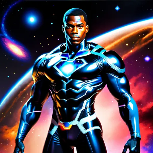 Prompt: character model, cosmic super suit, full portrait, cosmic background, black man 6ft 5in, athletic, powerful, telekinetic