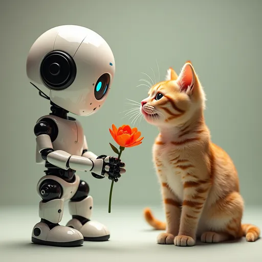 Prompt: a robot giving a cat a flower