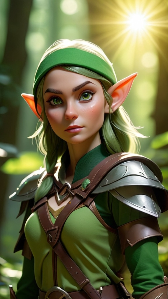 Prompt: Elf ranger in a mystical forest around sunlight