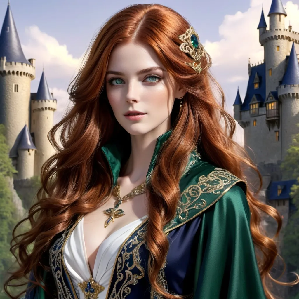 Prompt: Graceful French-inspired noble mage, long flowing auburn hair, deep green eyes, and an air of serenity. Wears ornate white and gold robes adorned with intricate arcane embroidery, a navy-blue mantle fastened with a silver cross brooch, and a silver pendant. Hands glow with ethereal magic, embodying wisdom and purity. Stands poised in a medieval castle at dusk, radiating an aura of power and divine elegance.