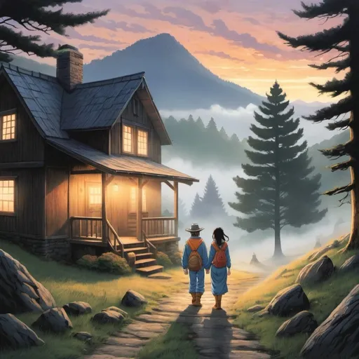 Prompt: cartoon. toriyama inspired. As the first light of dawn filters through the mist-covered peaks of the Appalachian mountains, the young couple emerges from their rustic farmhouse. 