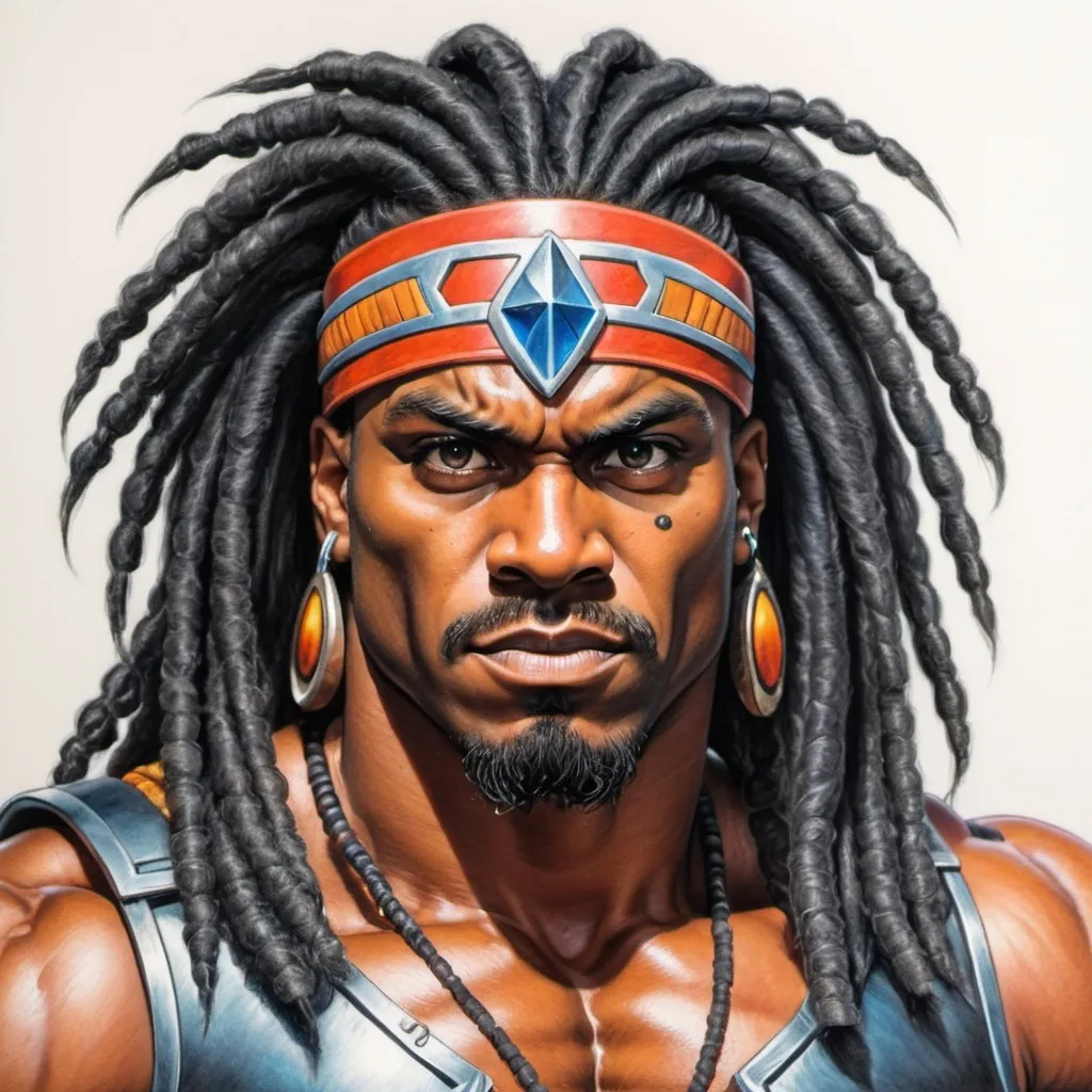 Prompt: color pencil drawing of a black he man, with dreadlocks. toryiama style, beautiful, full portrait 
