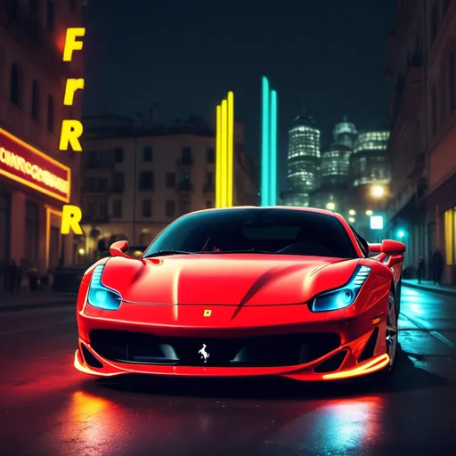 Prompt: Create an image  Ferrari more stunning and add more neon lights .