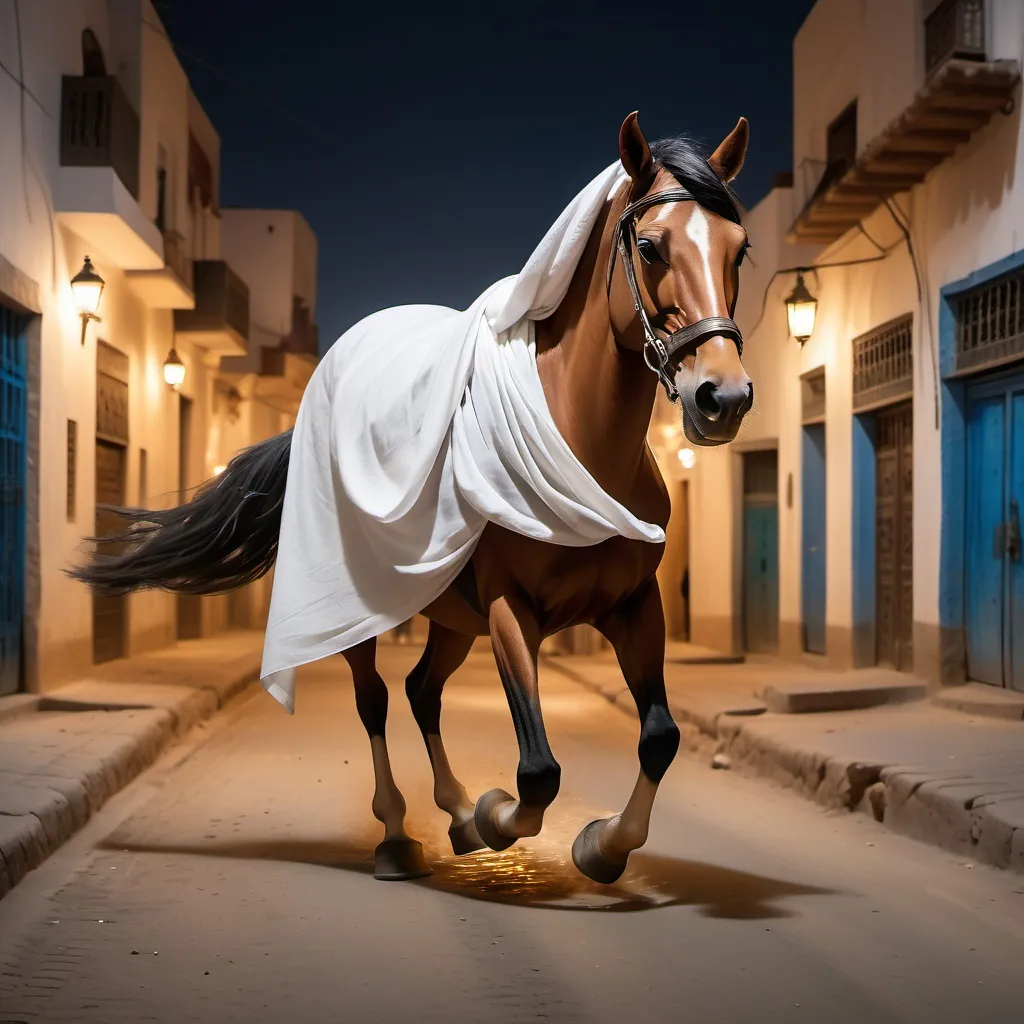 Prompt: A horse with a realistic human face of a Moroccan woman pulling chaînes of steel by it’s rear foot wearing a simple white sheet and runing in a Moroccan street by night