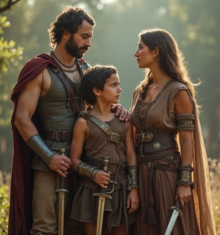 Prompt: A cinematic photo of a warrior family of four living in ancient times, The photo show a father and mother with their son and daughter, swords in hands.